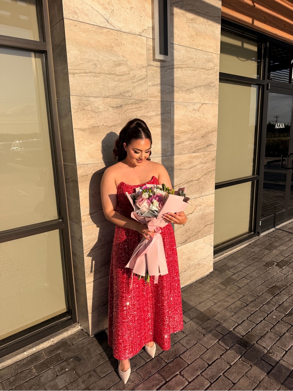 Strapless Hot Pink Sequin Evening Dress